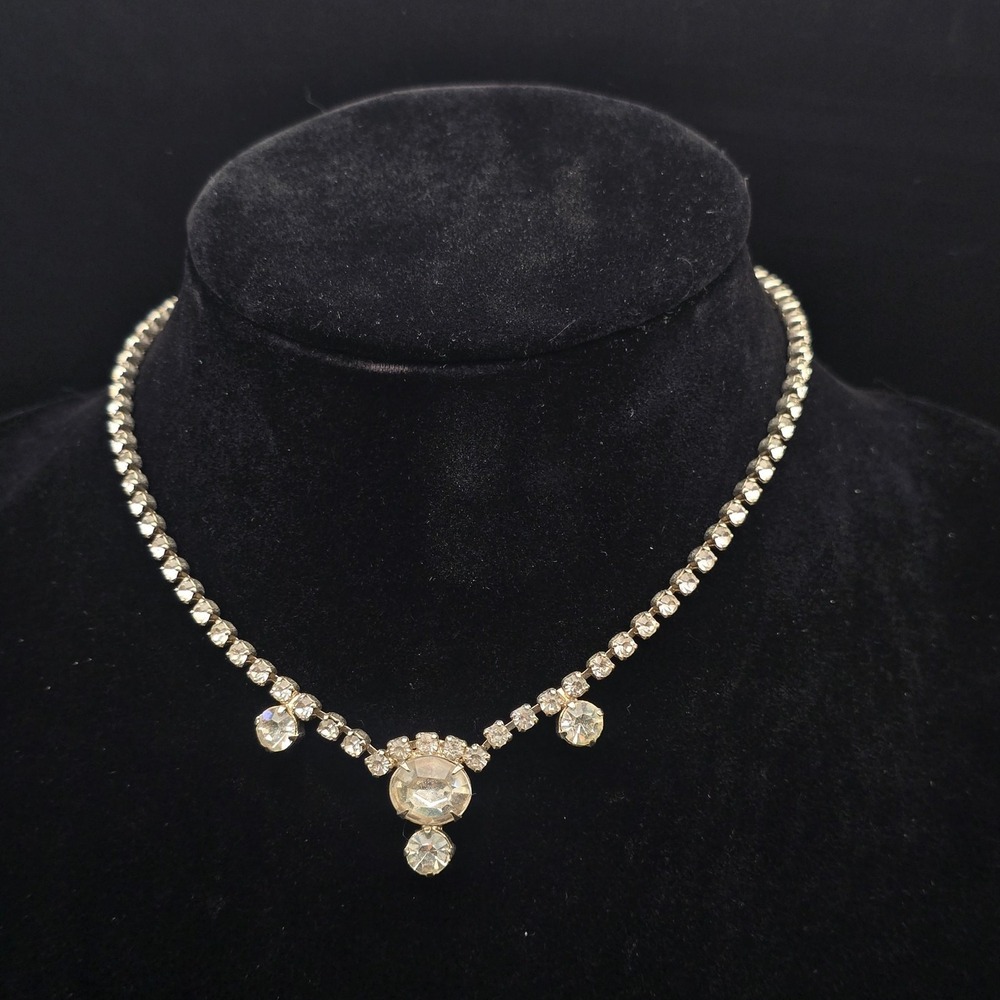 Vintage Clear Rhinestone Necklace Silver Tone Glam Costume Jewelry